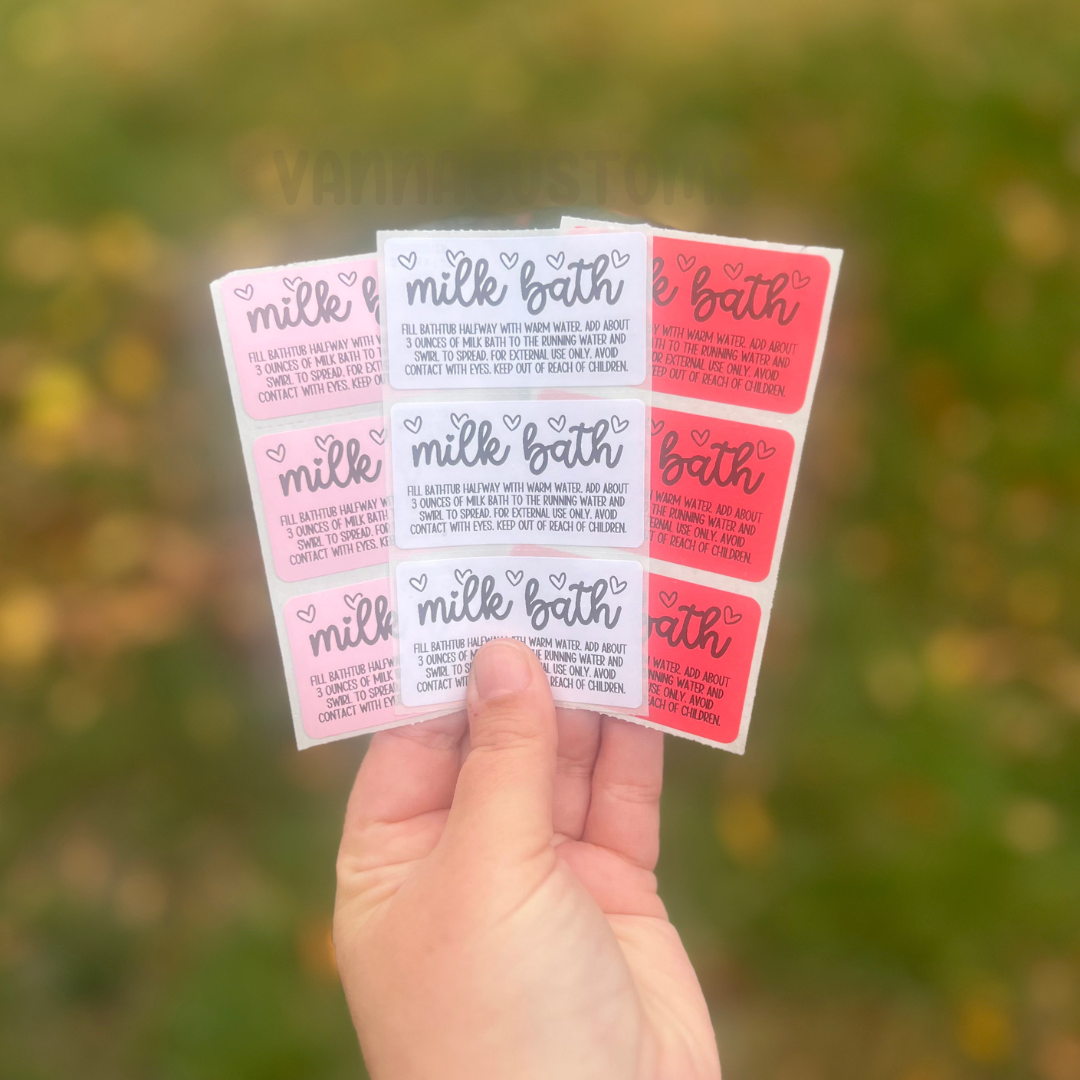 Milk Bath Care Labels - 2.25"x1.25" Thermal Printed Stickers - Valentine's Day Themed - Hearts
