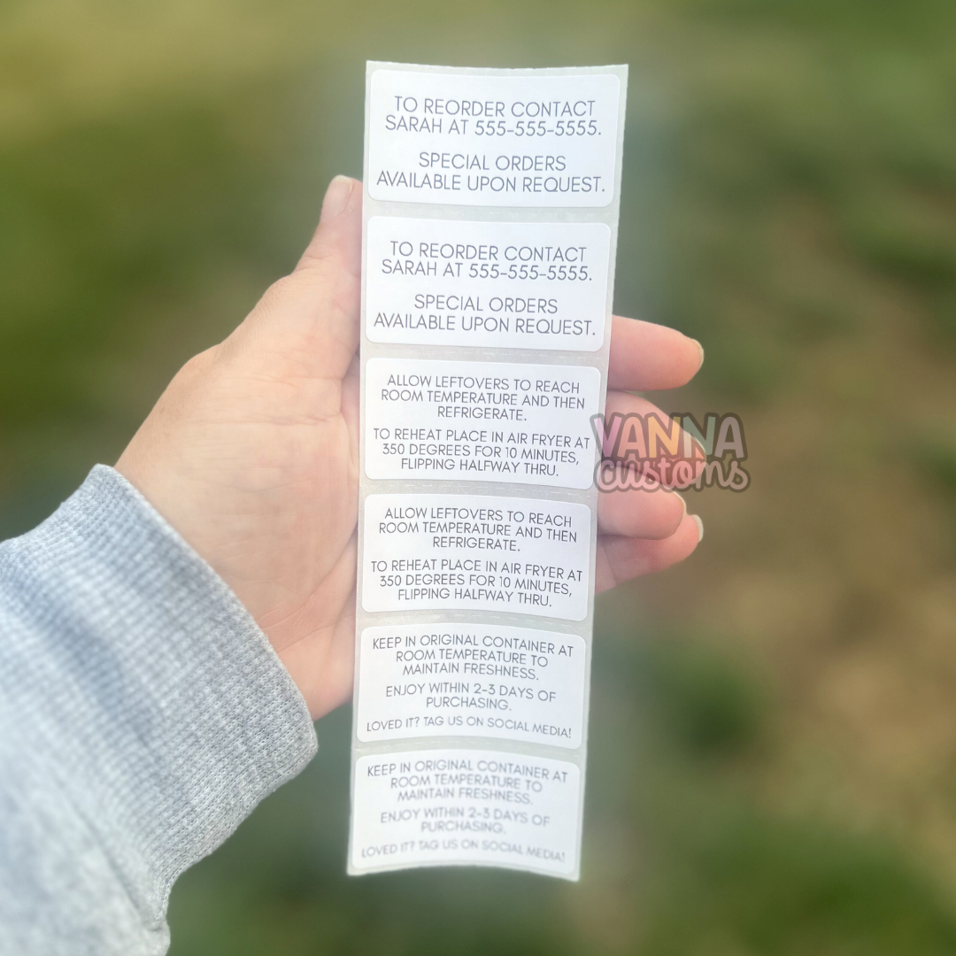 Customer Instruction/Informational Stickers - 2” x 1" Thermal Printed Stickers - Reheat Instructions/Re-order Information/Freshness Information