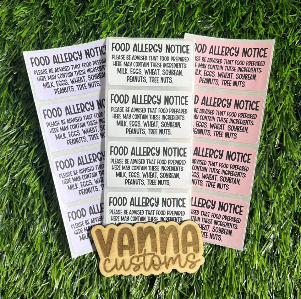 Food Allergen Notice 2.25”x1.25” Thermal Printed Small Business Packaging Stickers - Bakery - Home Kitchen - WITHOUT Shellfish + Fish