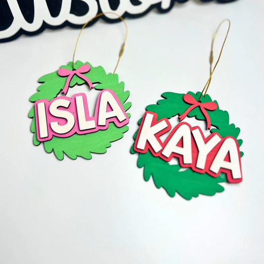 Custom Name Wreath With Bow Christmas Ornament