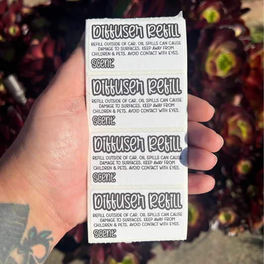 Car Diffuser Refill Care + Scent  - 2.25” x 1.25" Thermal Printed Stickers