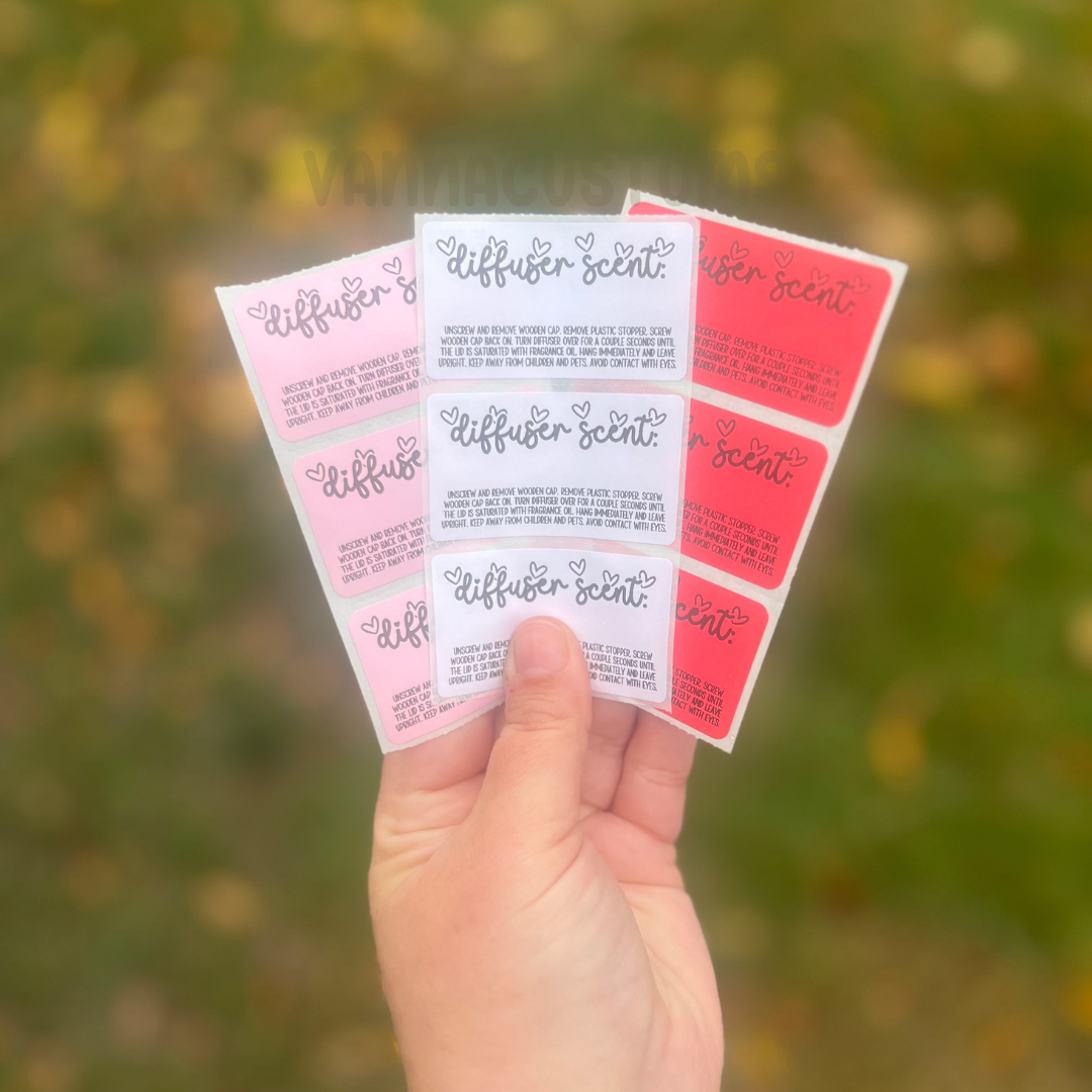 Car Diffuser Scent + Care Labels - 2.25"x1.25" Thermal Printed Stickers - Valentine's Day Themed - Hearts