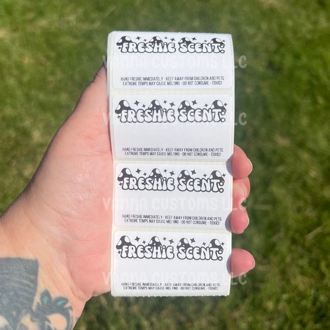 Car Freshie Scent + Care - 2.25” x 1.25" Thermal Printed Stickers - Groovy Mushroom