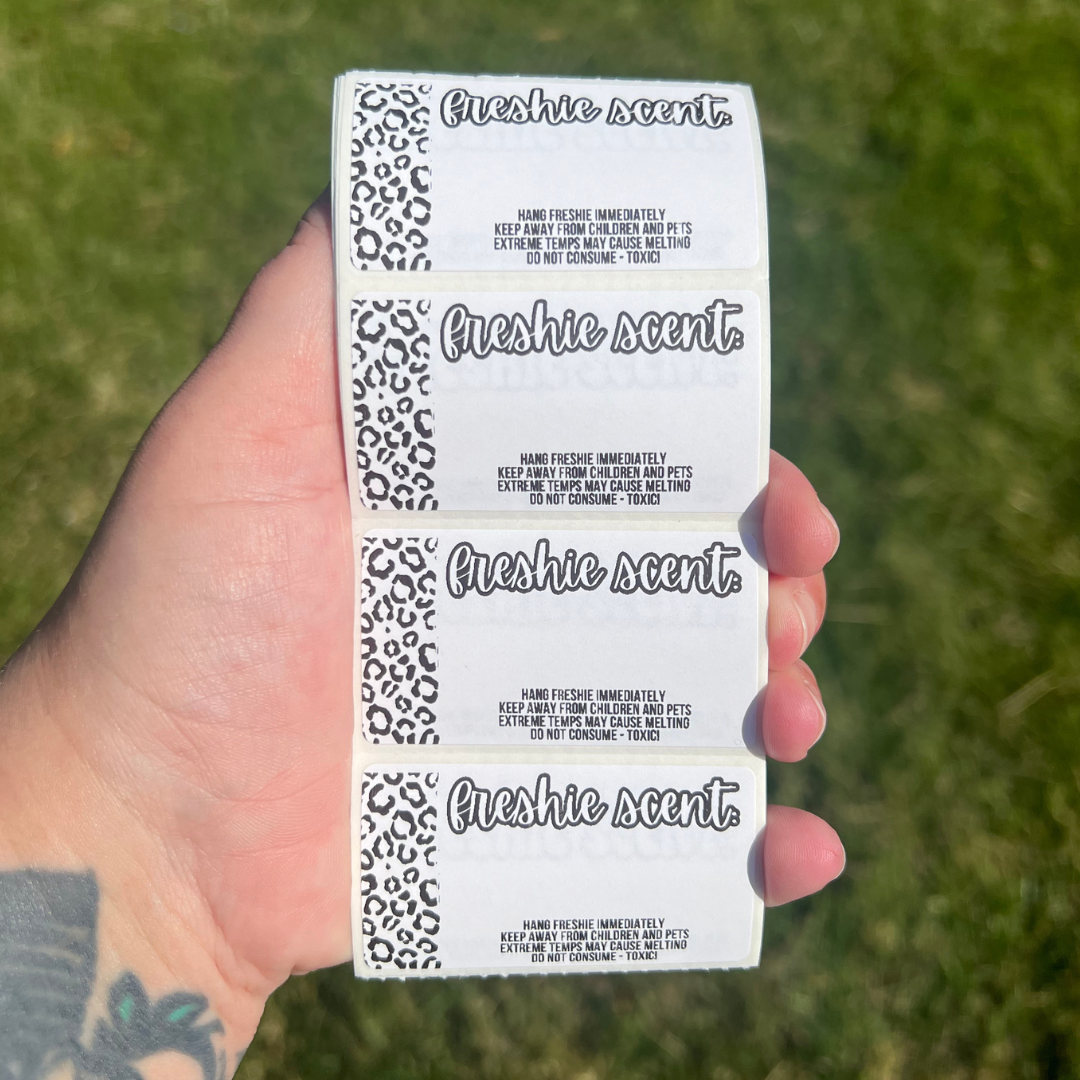 Car Freshie Scent + Care - 2.25” x 1.25" Thermal Printed Stickers - Leopard Print