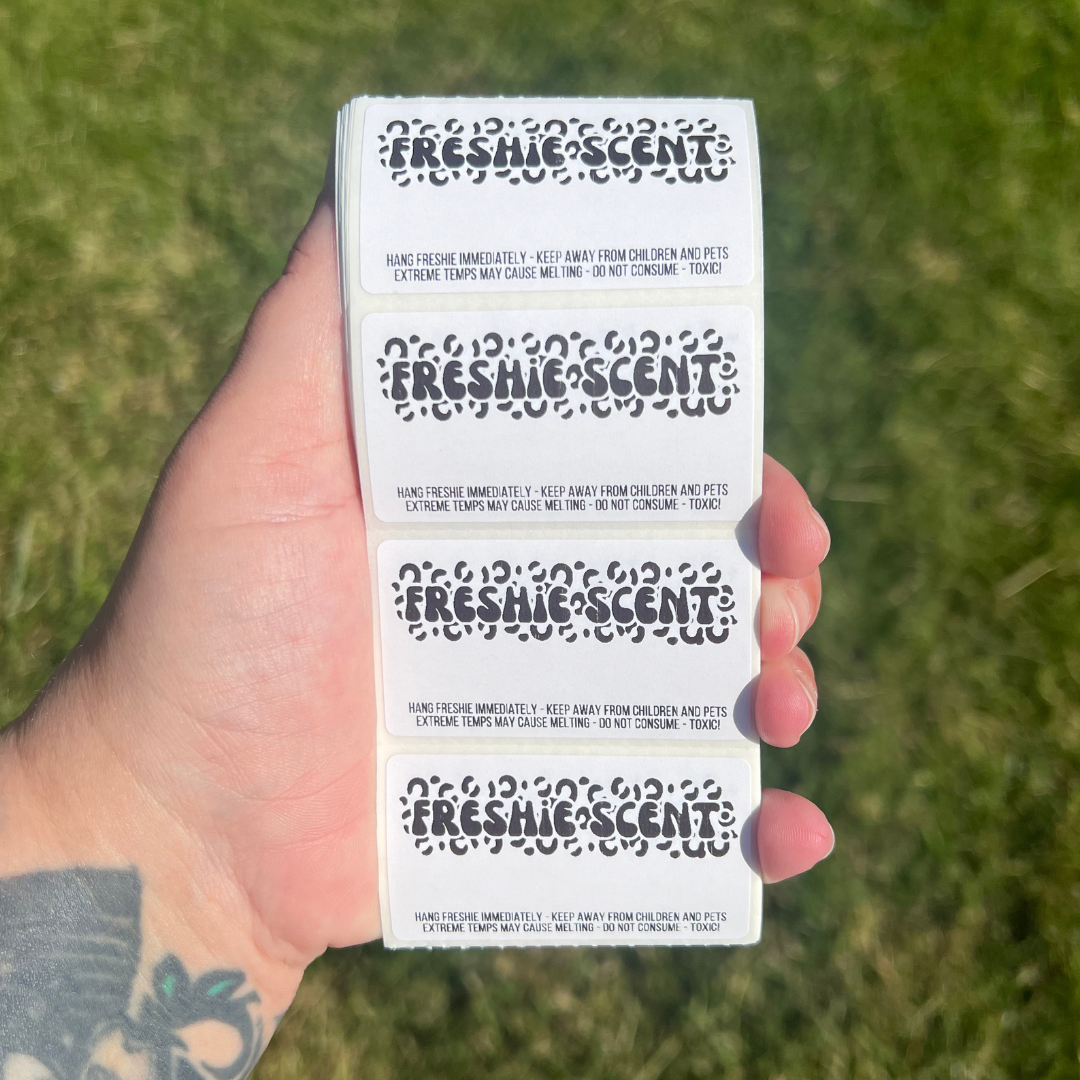 Car Freshie Scent + Care - 2.25” x 1.25" Thermal Printed Stickers - Groovy Leopard Print
