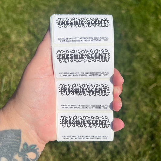 Car Freshie Scent + Care - 2.25” x 1.25" Thermal Printed Stickers - Groovy Leopard Print