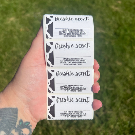Car Freshie Scent + Care - 2.25” x 1.25" Thermal Printed Stickers - Cow Print