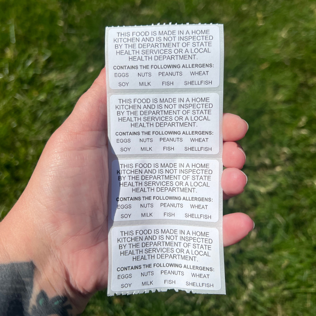 Cottage Food Law Home Bakery Labels - Made In A Home Kitchen 2.25” x 1.25" Thermal Printed Labels - Non-Inspection Statement W Food Allergen