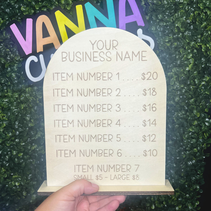 Custom Engraved Small Business Wood Price Menu - Vendor - Farm Stand - Service Based Standing Pricing Sign