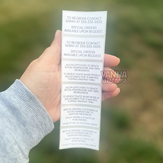 Customer Instruction/Informational Stickers - 2” x 1" Thermal Printed Stickers - Reheat Instructions/Re-order Information/Freshness Information