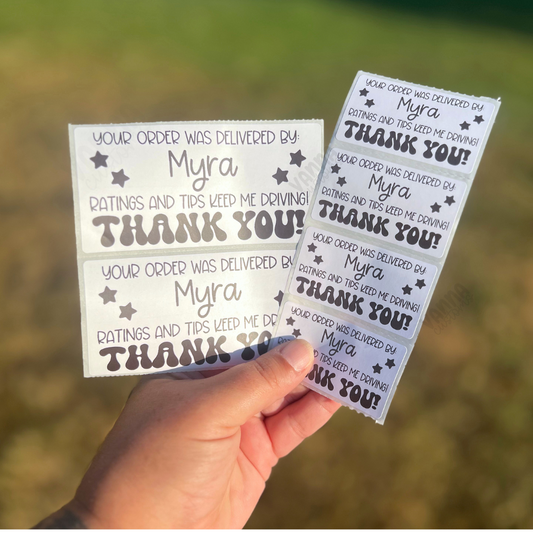 CUSTOM Name Delivery Driver Thermal Printed Labels 2.25"x1.25" or 4"x2" - Food Delivery - Tip + Rate Me Stickers